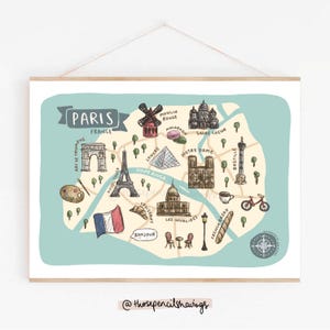 Impresión de mapa de París / Póster de viaje ilustrado de Francia / Arte mural con bonitos monumentos de París / Regalo o recuerdo para viajeros
