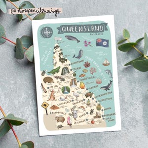 Queensland Map Postcard | Illustrated Australian Travel Print | Cute Landmarks & Icons | Wanderlust Gift or Souvenir