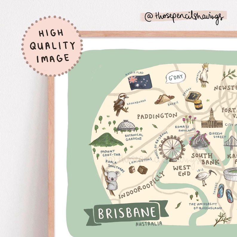 Brisbane Map Print: Illustrated Queensland Landmarks, Travel Souvenir ...