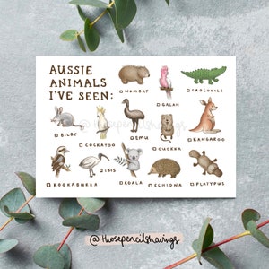 Australische Tiere Checkliste Postkarte | Süß Illustrierte Wildtier Sichtung Print | Fun Aussie Souvenir oder Geschenk