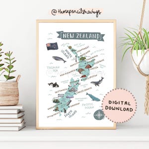 Neuseeland Map Print | Illustrierte NZ druckbare Kunst | Niedliche Landschaften & Tiere | Reise Karte Poster | DIGITALER DOWNLOAD