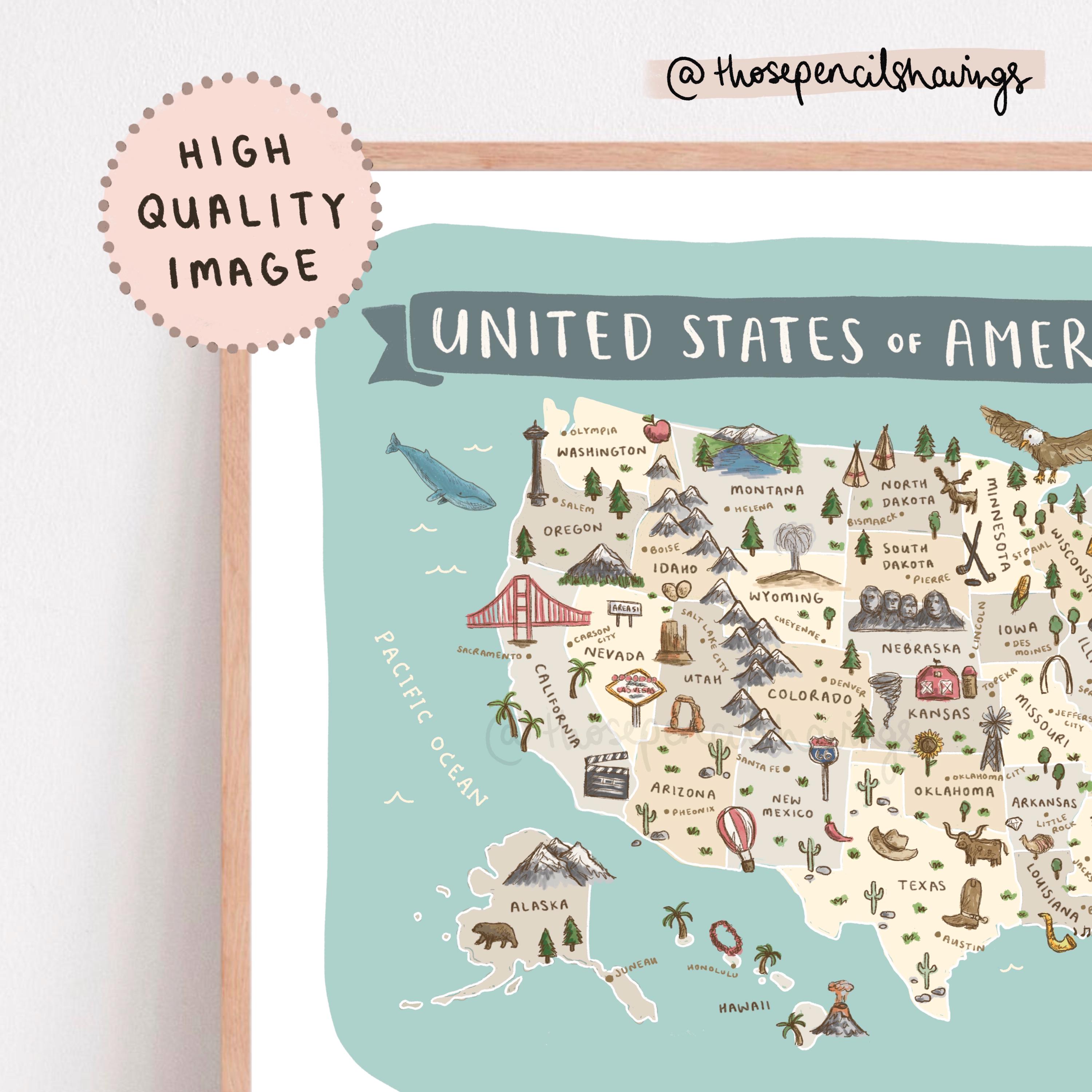 Pretty Us Map Illustrated USA Map Print | Cute Landmarks & Animals Wall Art - Etsy ...