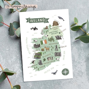 Postal con mapa de Irlanda / Impresión ilustrada de viajes irlandeses / Lugares de interés y animales encantadores / Regalo o recuerdo para viajeros