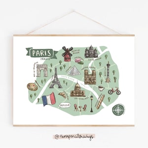Paris Karte Drucken | Illustrierte Frankreich Reise Poster | Niedliche Paris Wahrzeichen Wandkunst | Fernweh Geschenk oder Souvenir