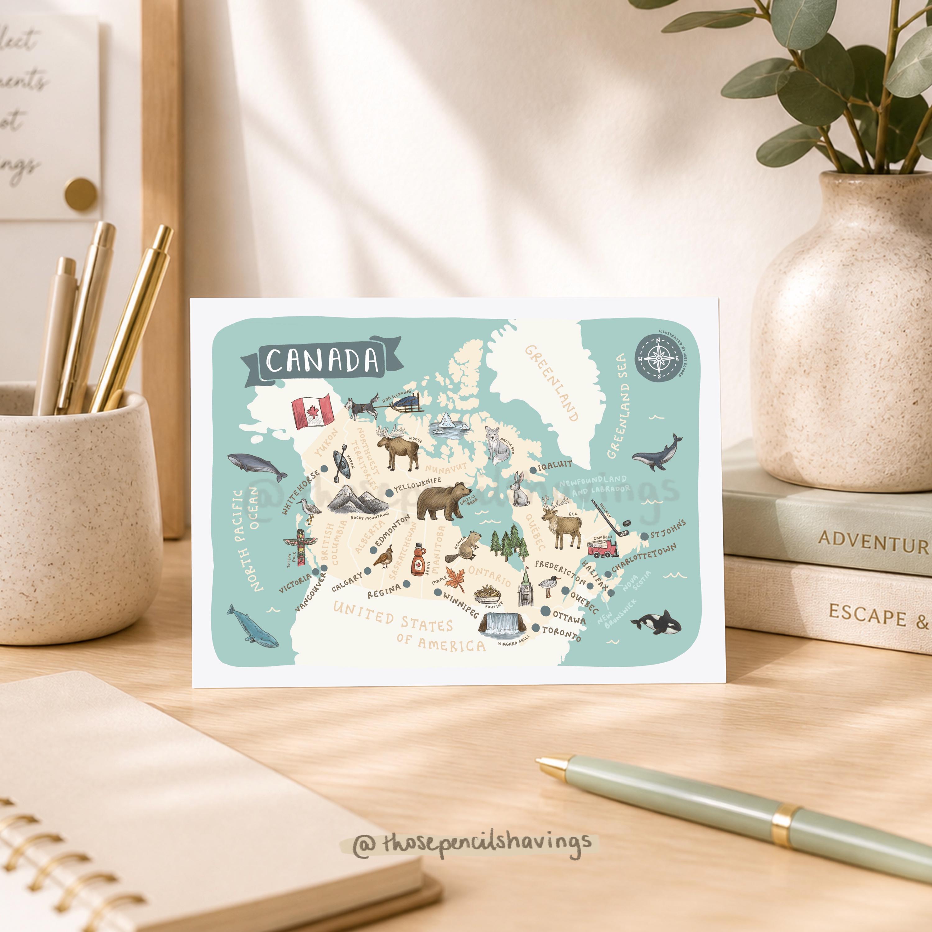 Canada Map Postcard: Illustrated Travel Souvenir Print - Etsy