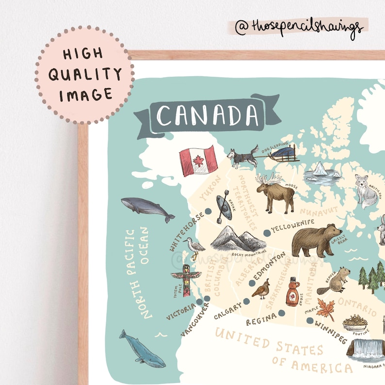 Canada Map Print: Illustrated Landmarks & Animals Art - Etsy