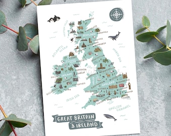 Cartão postal com mapa da Grã-Bretanha e Irlanda | Impressão ilustrada de viagem para o Reino Unido | Lindos pontos turísticos e animais britânicos | Presente ou lembrança para quem deseja viajar