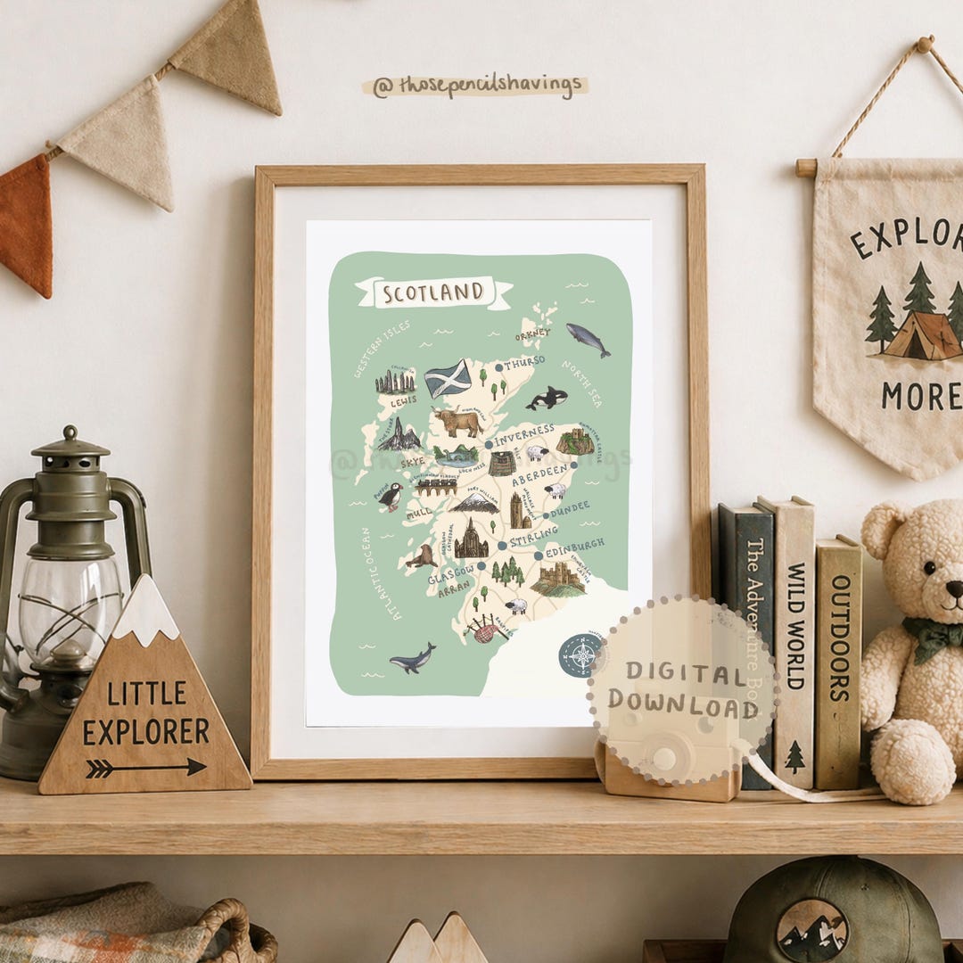 Current Map Scotland Illustrated Scotland Map Print: Scottish Landmarks & Animals (digital ...
