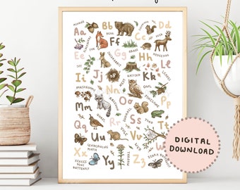 Woodland Animals Alphabet Print | Illustrated ABC Poster | A-Z Animal Alphabet Nursery Print | Baby Shower Gift | Digital Download