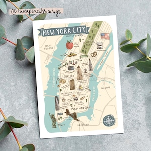 postale de carte de New York City | Impression illustrée de voyage à New York | Icônes et monuments mignons | Cadeau ou souvenir Wanderlust