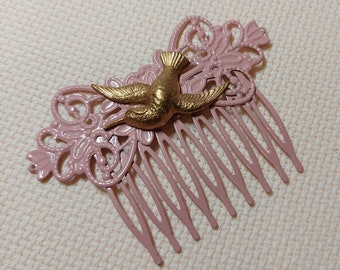 Hair comb Vintage Dream Haarkamm mit Kolibri gold rosa Emaille
