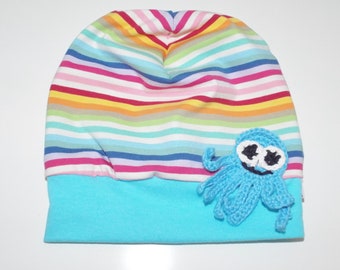 Baby Beanie Jersey bunt  gestreift mit Krake Häkelapplikation