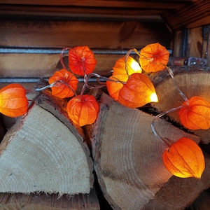 Op de afbeelding: Slinger van oranje, verlichte papieren lantaarnlichten. De lichten in de vorm van Chinese lantaarns zijn geregen op een transparante draad. De lichten rusten op een stapel brandhout.