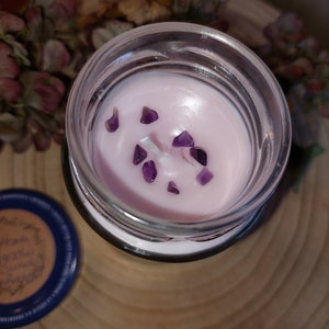 Gemstone scented candle spring sugared magnolia with amethyst rapeseed candle in glass vegan