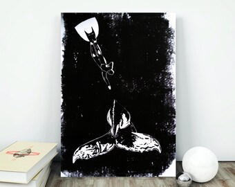 Linocut The Diver and the Whale