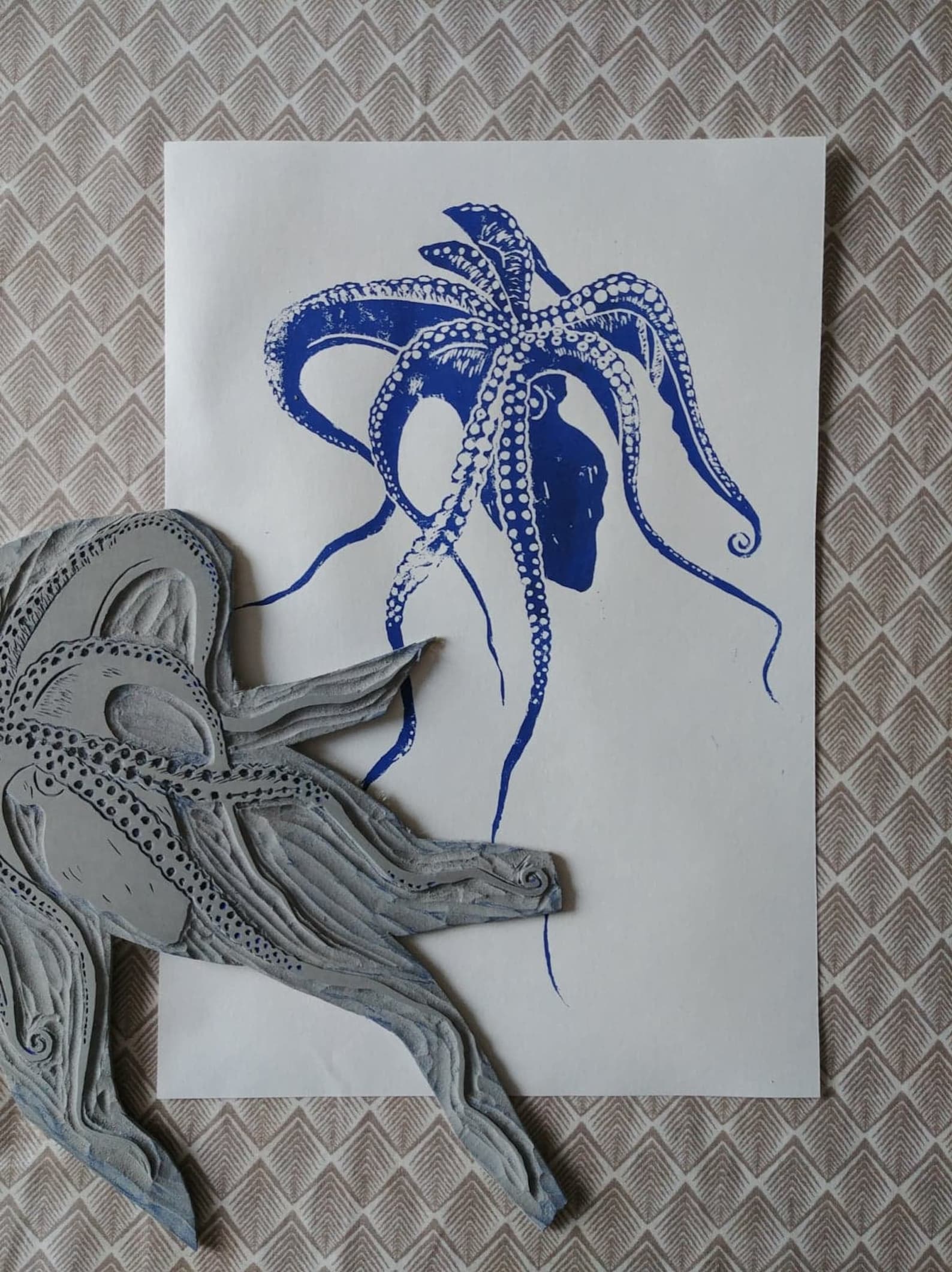 Octopus Linocut Handmade Print Etsy