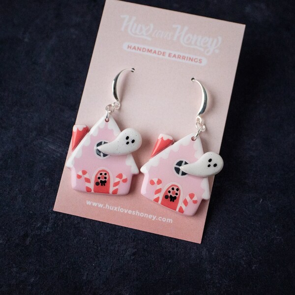 Pink Haunted Gingerbread House Earrings, Statement Earrings, Spookmas Earrings, Polymer Clay Earrings, Goth Christmas