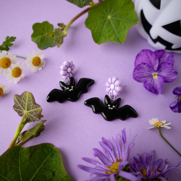 Black Floral Bat Earrings, Statement Earrings, Halloween Earrings, Polymer Clay Earrings, Cute Earrings