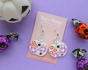 White Floral Pumpkin Earrings, Statement Earrings, Halloween Earrings, Polymer Clay Earrings