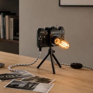 Könnte beinhalten: Eine schwarze Zenit-Kamera, die als Schreibtischlampe umfunktioniert wurde und auf einem kleinen schwarzen Stativ steht. Die Kamera hat eine leuchtende, warmfarbene Edison-Glühbirne am Objektivanschluss und ein gemustertes Stoffkabel.