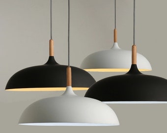 Dome Black Pendant Light Fixture with Wood Decor Scandinavian Style