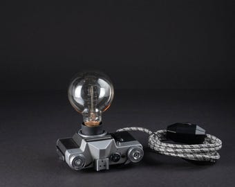 Vintage camera table lamp, unique photo camera desk light, gift for photographers, loft style lamp on table, industrial desk lamp