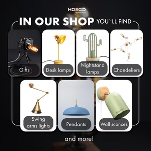 The image is a collage of six different lamp designs, including a camera, a cactus, a desk lamp, a chandelier, a swing arms light, and a pendant light.