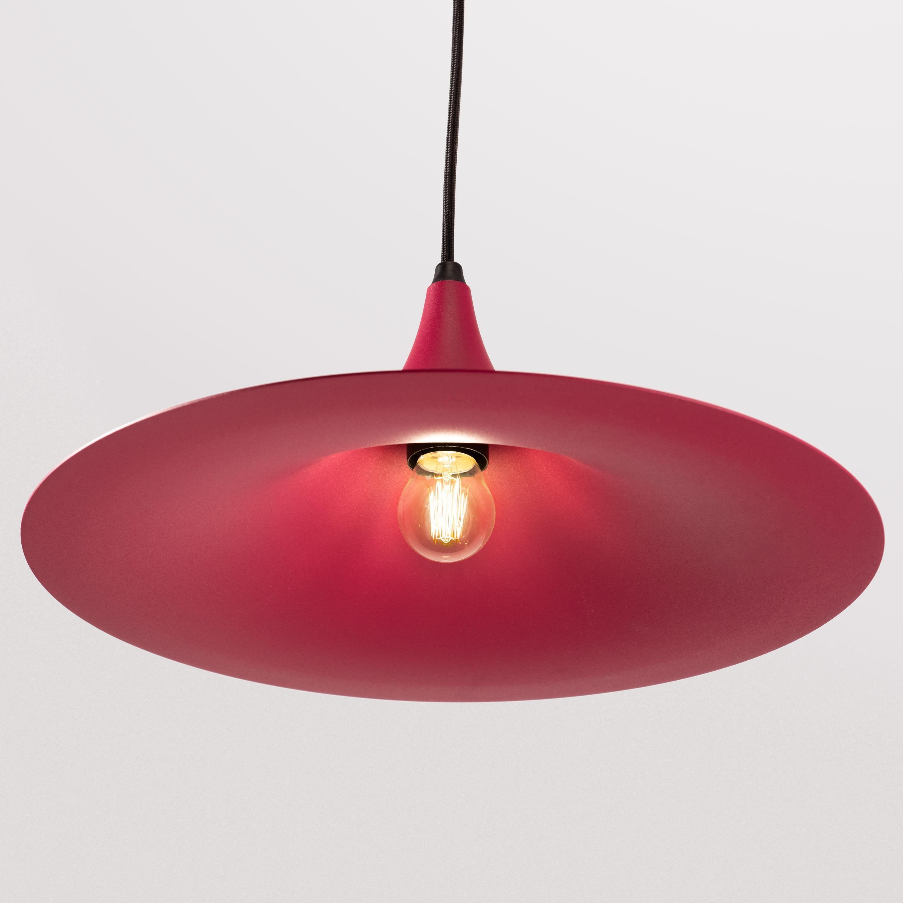 Contemporary Red Pendant Light, Wide Shallow Shade, Japandi Cone