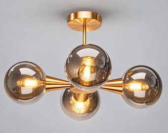 Modern Gold Semi Flush Mount Ceiling Light, 4 Globe Smoked Glass Mid Century Chandelier