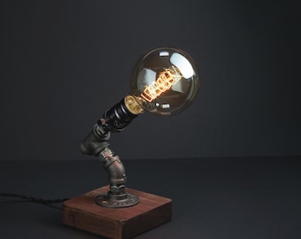 Steampunk Pipe Desk Lamp with Edison Bulb, Wood Base Industrial Table Lamp, Fathers Day Gift, Engineering Lamp