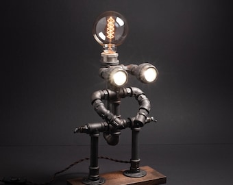 Edison Bulb Lamp, Industrial Table Lamp, Astro Scout Pipe Man Desk Lamp, Wooden Base Pipe Desk Lamp, Pipe Robot Lamp, Gift for Boyfriend