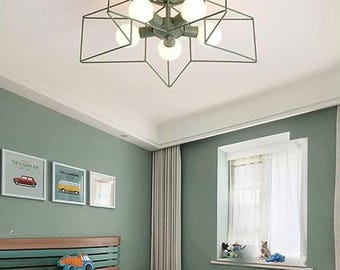 Flush Mount Star Lamp, Scandinavian Kids Room Pendant Light, Multi-Color Metal Fixture