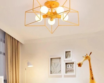 Nursery star chandelier, yellow pendant lamp kids room, children light, kids chandelier, flush mount light to bedroom, fixture ceiling lamp