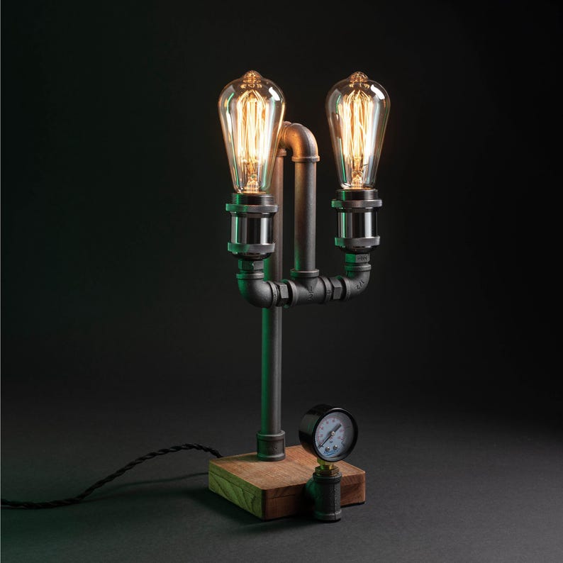 Vintage Desk Double Lamp, Edison Bulb Nightlight, Steampunk Table Light, Retro Bronze Metal Wooden Base Lamp, Touch Pipe Light image 2