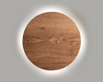Runde Eichen-Wandleuchte, skandinavische Holzleuchte, Wandleuchte im schwedischen Stil, minimalistische Kreis-braune Wandlampe, nordische Nachttisch-Wandleuchte