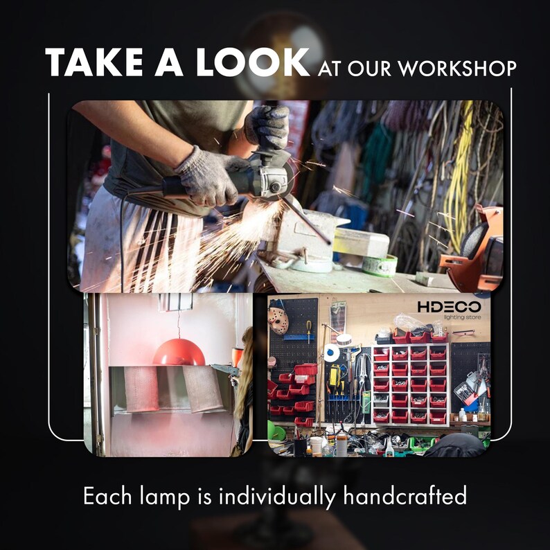The image is a collage of three photos depicting a workshop, with a focus on a person working on a project. The text overlay encourages viewers to "Take a look at our workshop" and highlights that each lamp is individually handcrafted.