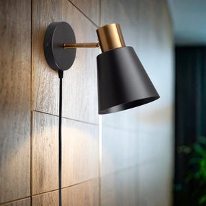 Black plug-in sconce, adjustable light, bedside wall lamp, Scandinavian style wood and metal sconce, modern wall lamp, Christmas gift