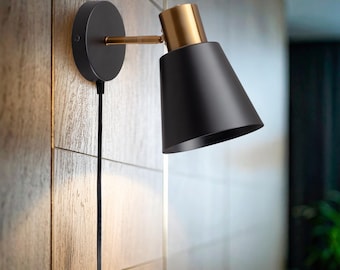 Black plug-in sconce, adjustable light, bedside wall lamp, Scandinavian style wood and metal sconce, modern wall lamp, Christmas gift