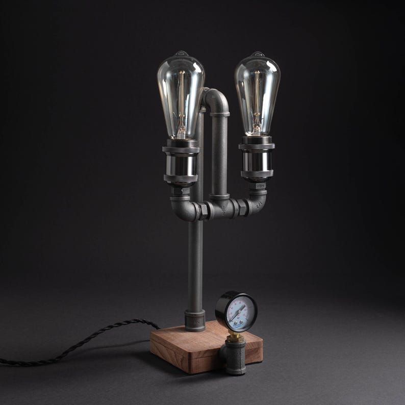 Vintage Desk Double Lamp, Edison Bulb Nightlight, Steampunk Table Light, Retro Bronze Metal Wooden Base Lamp, Touch Pipe Light image 3