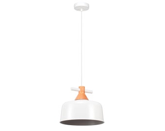 Lámpara colgante blanca con elementos de madera de estilo escandinavo para iluminación de comedor o isla de cocina