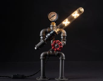 Steampunk desk lamp, pipe robot lamp, gift for boyfriend or husband, Edison lamp, steampunk decor, industrial table lamp, Christmas gift