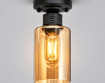 Modern Amber Glass Flush Mount Ceiling Light, Black Industrial Fixture, Vintage Edison Bulb Lighting