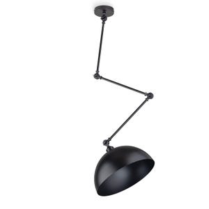 May include: Black adjustable arm pendant light with a dome-shaped shade. The light fixture has a matte finish and a pivoting arm for directional lighting. The ceiling mount is circular.