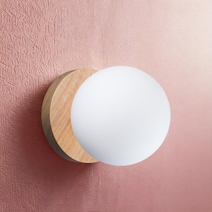 Globe wall lamp, wooden geometric night lamp round plafond, glass bedside sconce, Nordic style wall light, Scandinavian circle wall sconce
