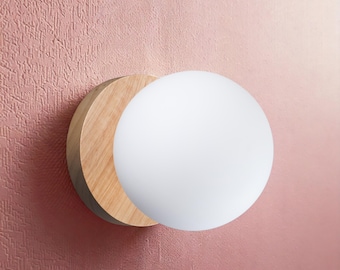 Globvägglampa, geometrisk nattlampa i trä, rund plafond, sänglampa i glas, vägglampa i nordisk stil, skandinavisk cirkelvägglampa
