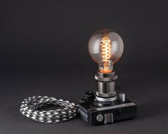 Handmade Upcycled Artwork, Features Bulb Camera Base, Home Decor Photography Lover Gift, Upcycle Dimmer Desk Camera Lamp, Men Cave Lights