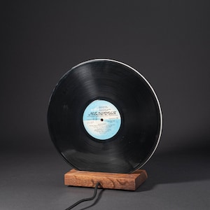 Vinyl Record LED Lamp Made from a Real Record, Wooden Base