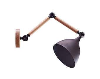 Adjustable wood and metal swing arm lamp, metal bedside sconce, industrial light for bedroom, adjustable long lamp, swing sconce