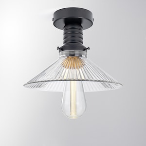 Ribbed glass light, flush mount ceiling lamp, housewarming gift, black metal ang glass light fixture, glass pendant light