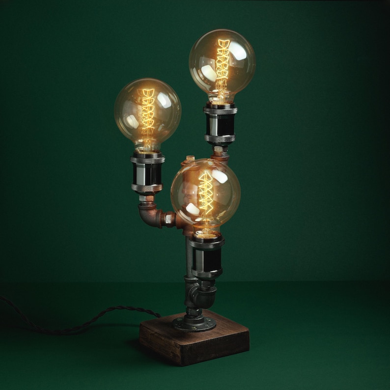 Wood Edison Lamp/ 3 lights table lamp/ Steampunk pipe lamp/ industrial lighting pendant/ Pipe Desk Lamp/ Modern bronze lamp